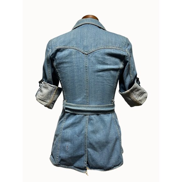Vintage L’Avion Denim Belted Blazer Jacket Rolled Sleeves Aviator Western Small - Picture 3 of 12